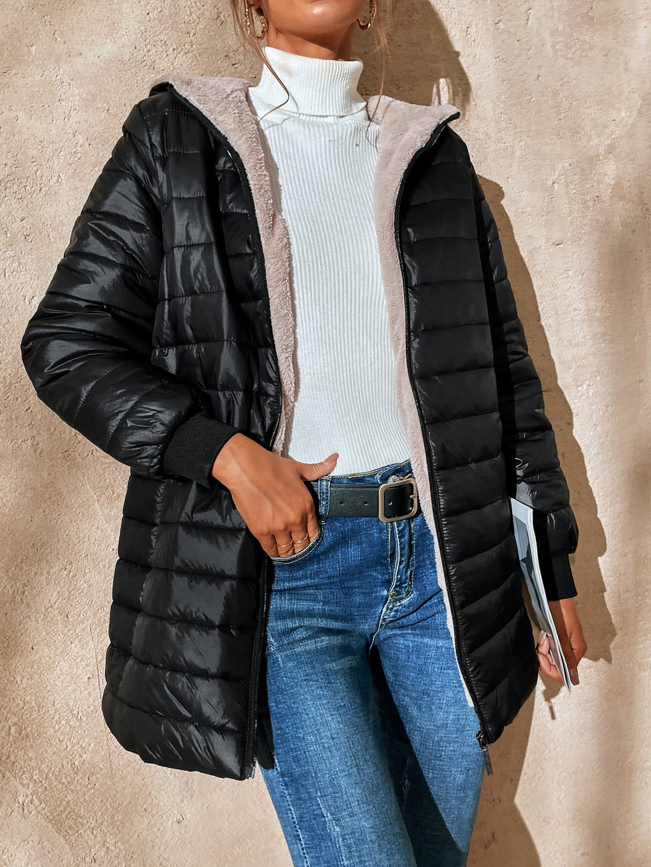 Essnce Teddy Lined Hooded Puffer Coat