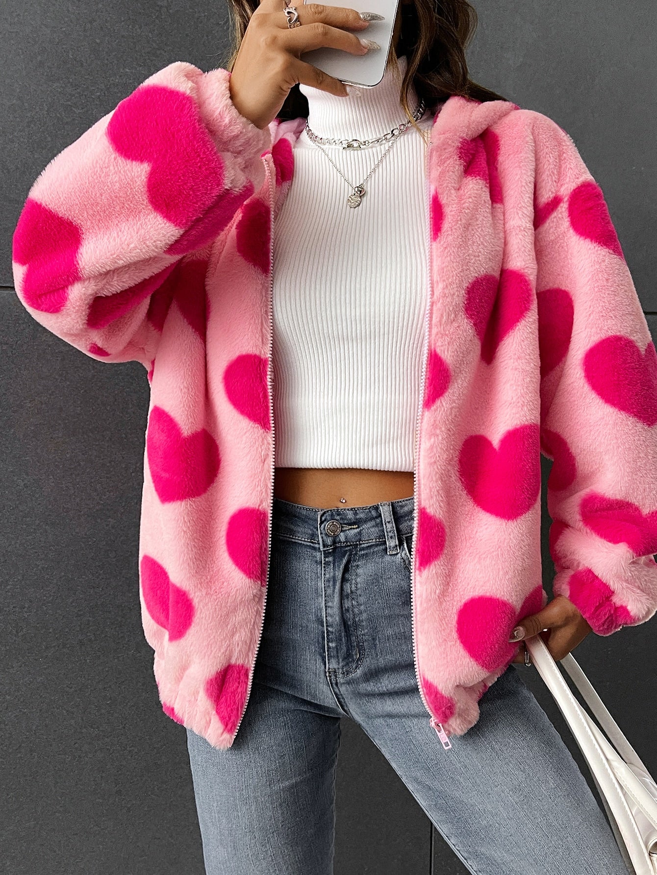 Qutie Heart Pattern Drop Shoulder Zipper Hooded Teddy Jacket