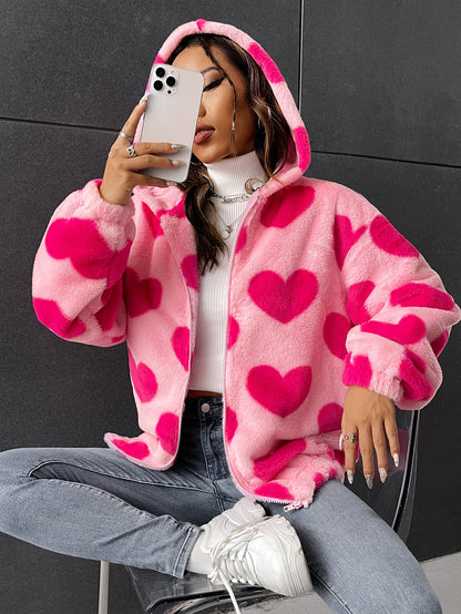 Qutie Heart Pattern Drop Shoulder Zipper Hooded Teddy Jacket