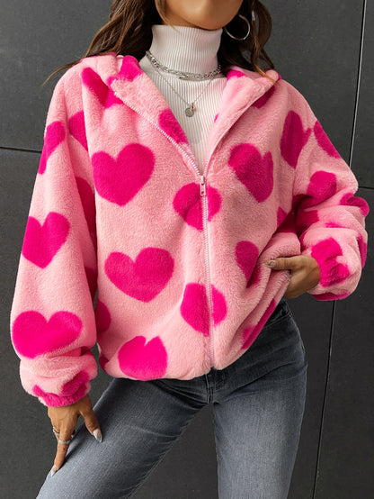 Qutie Heart Pattern Drop Shoulder Zipper Hooded Teddy Jacket