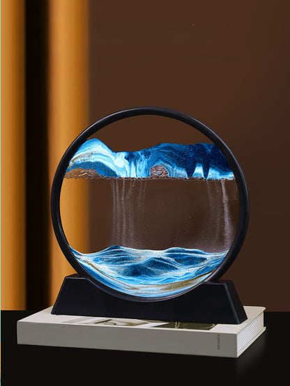 7 Inch 3D Liquid Sand Painting Decoration (Blue), Dynamic Artwork of Natural Landscape, Circular Glass Decor Sand Painting for Home, Desk, Shelf Decoration