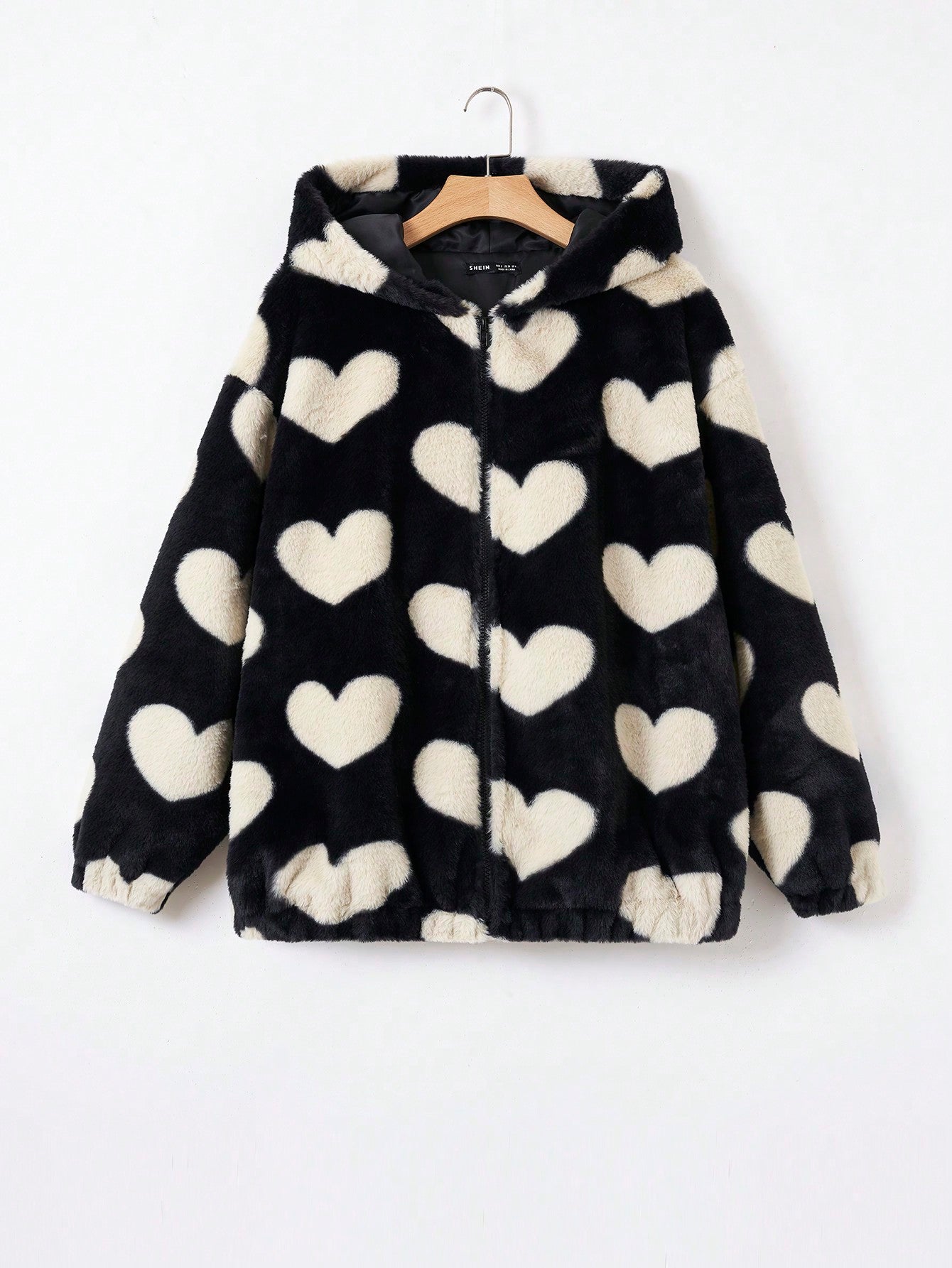 Qutie Heart Pattern Drop Shoulder Zipper Hooded Teddy Jacket