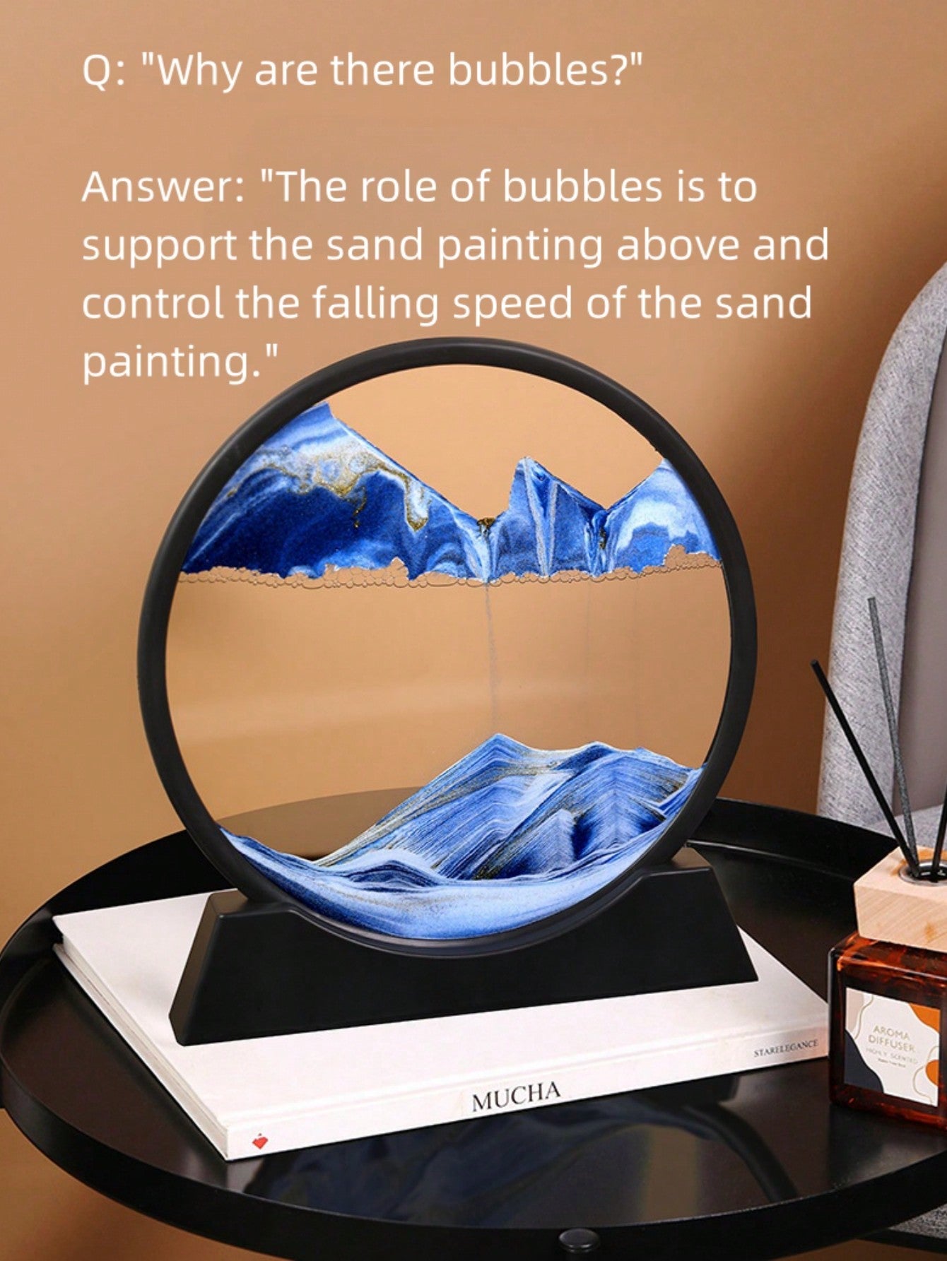 7 Inch 3D Liquid Sand Painting Decoration (Blue), Dynamic Artwork of Natural Landscape, Circular Glass Decor Sand Painting for Home, Desk, Shelf Decoration