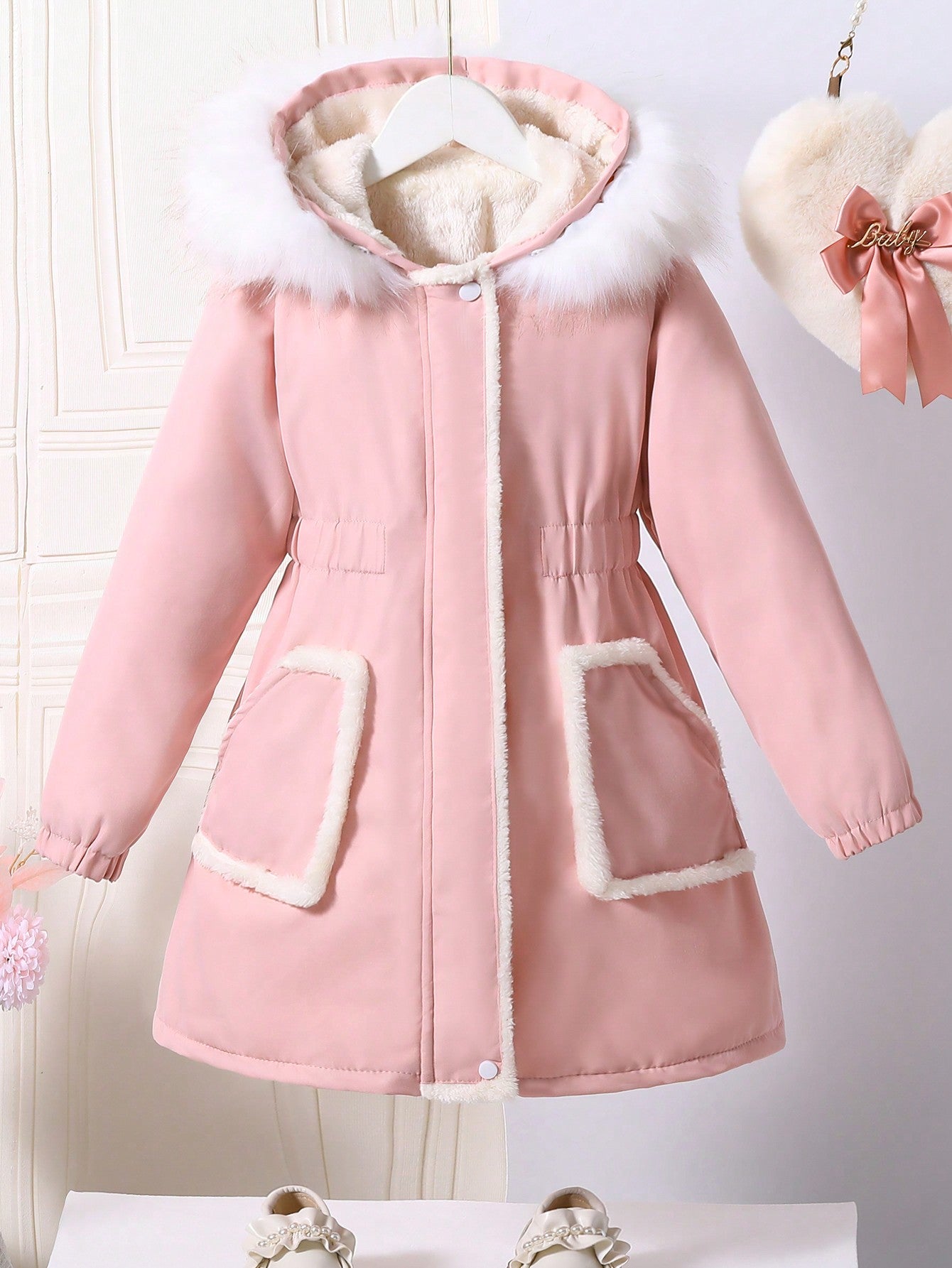 Tween Girl Fuzzy Trim Hooded Thermal Lined Coat