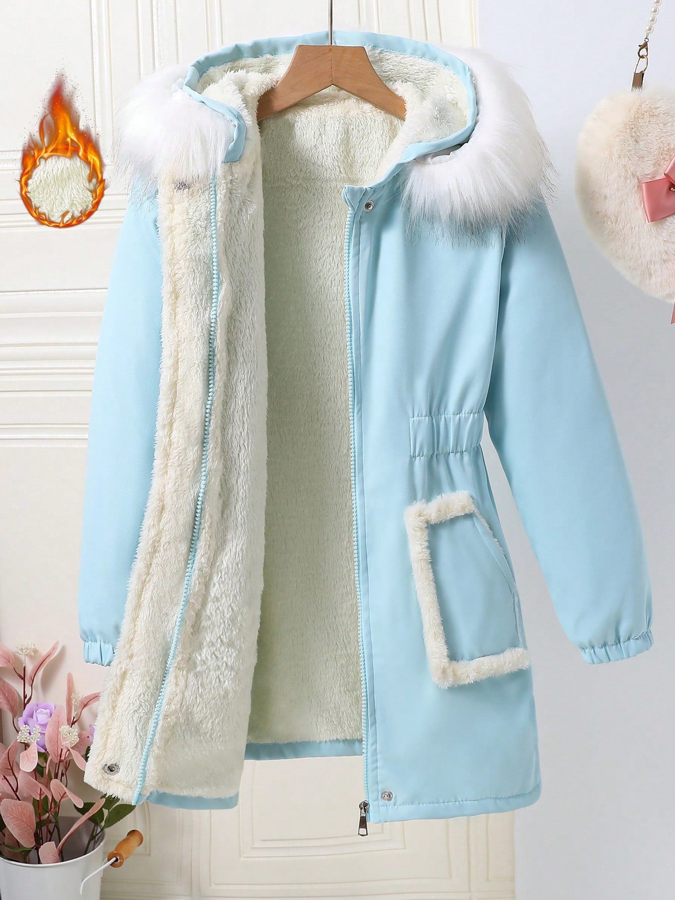 Tween Girl Fuzzy Trim Hooded Thermal Lined Coat