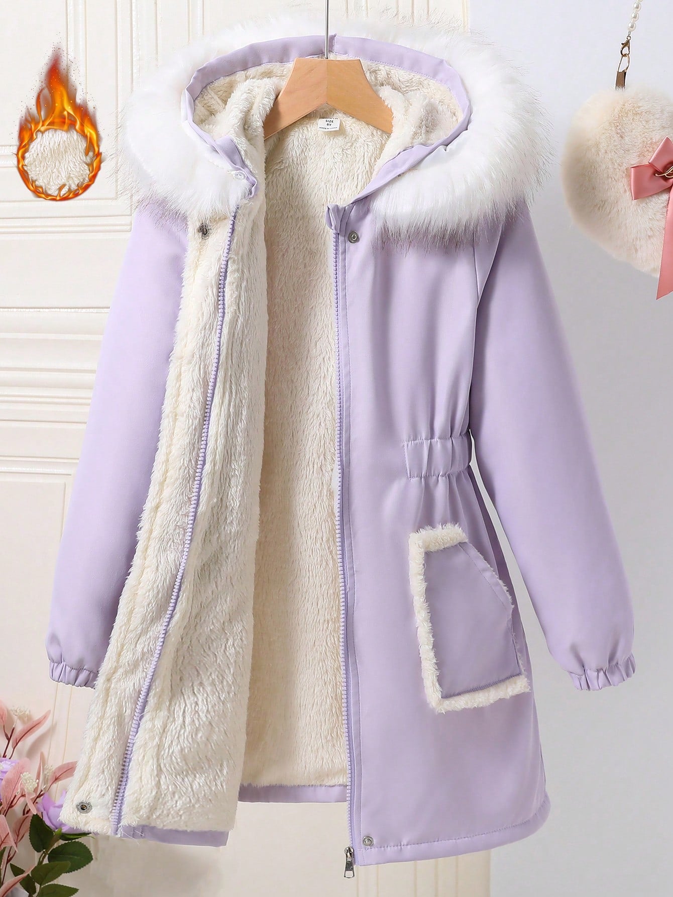 Tween Girl Fuzzy Trim Hooded Thermal Lined Coat